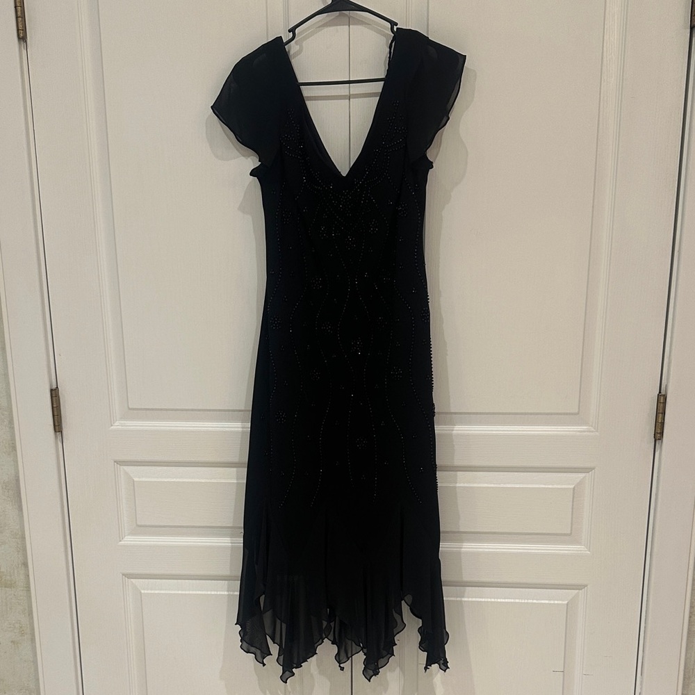 S.L. Fashions Black Beaded V-Neck Midi with Flutter Sleeves